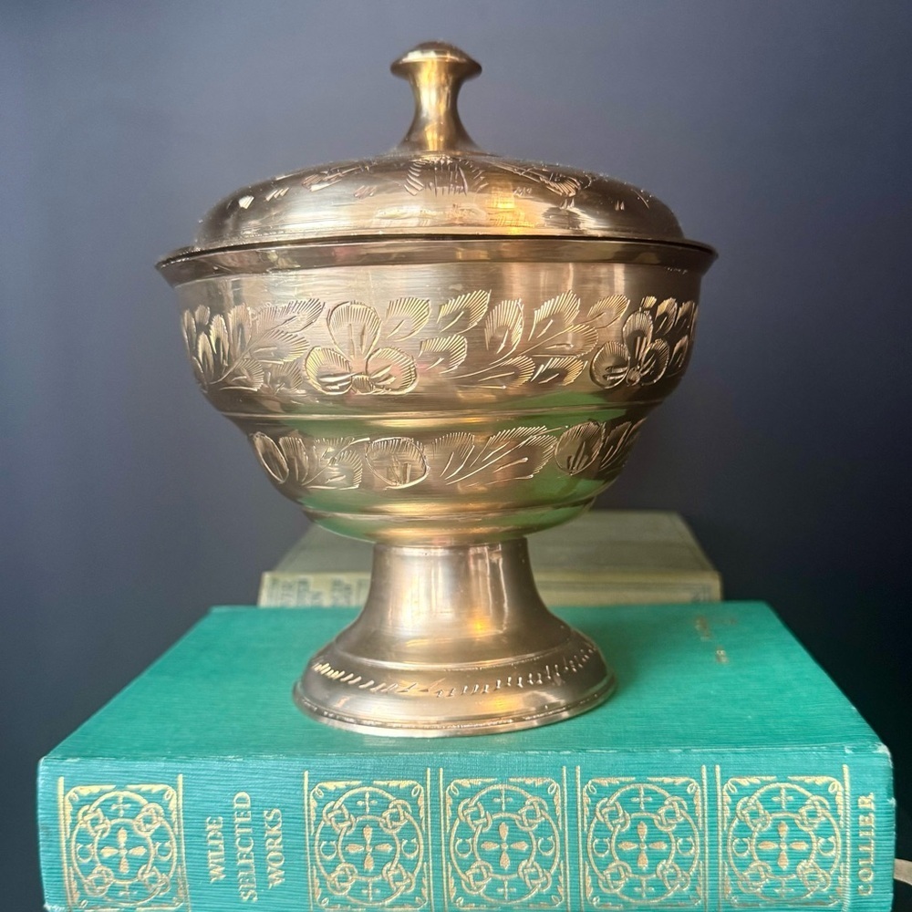 Brass Lidded Engraved Pedestal Canister Pot